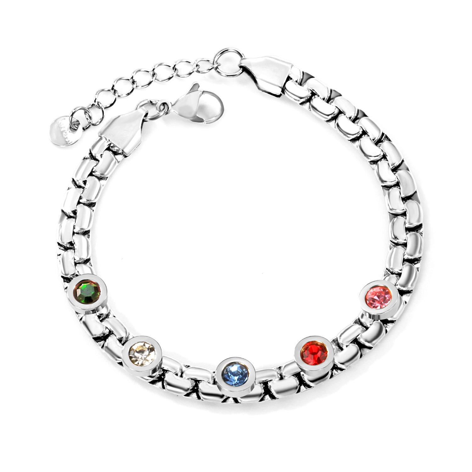 6.5mm round cake with mixed color zirconia+width 6*thick 2.8mm chain Bracelet 17cm+3cm+6mm round end tag Steel/Golden asonjewelry